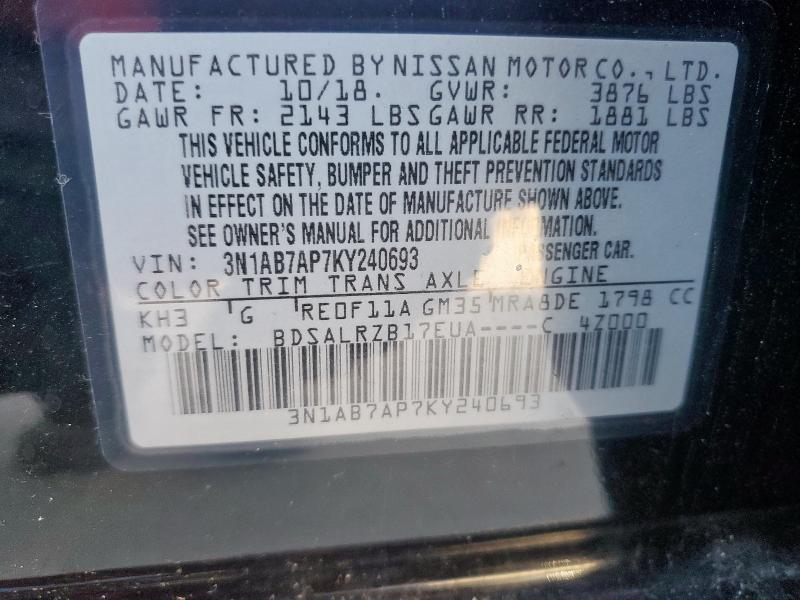 3N1AB7AP7KY240693 - 2019 NISSAN SENTRA S 黑色 照片 12