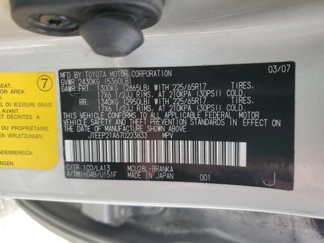 JTEEP21A670223833 - 2007 TOYOTA HIGHLANDER SPORT SILVER photo 10