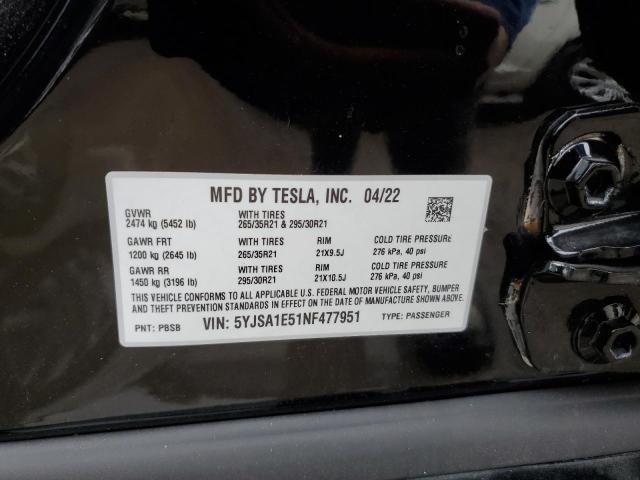 5YJSA1E51NF477951 - 2022 TESLA MODEL S أسود صورة 12