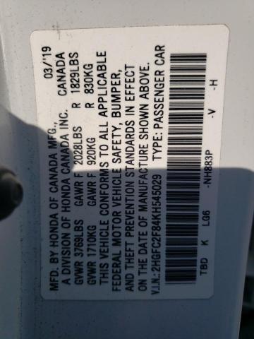 2HGFC2F84KH545029 - 2019 HONDA CIVIC SPORT WHITE photo 12