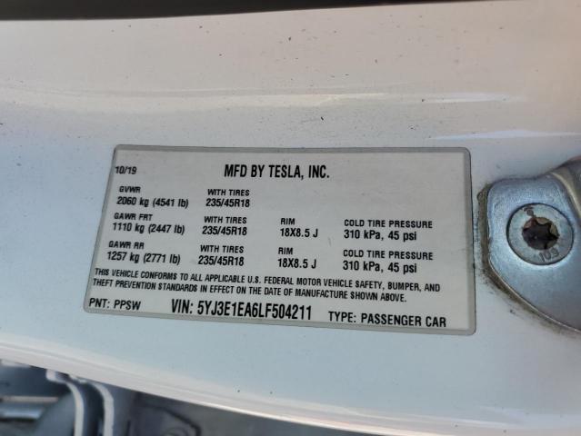 5YJ3E1EA6LF504211 - 2020 TESLA MODEL 3 WHITE photo 12
