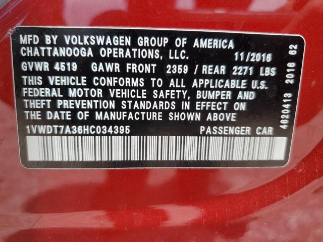 1VWDT7A36HC034395 - 2017 VOLKSWAGEN PASSAT R-LINE Qırmızı foto 12