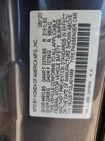 19UUB1F33LA014588 - 2020 ACURA TLX GRAY photo 13