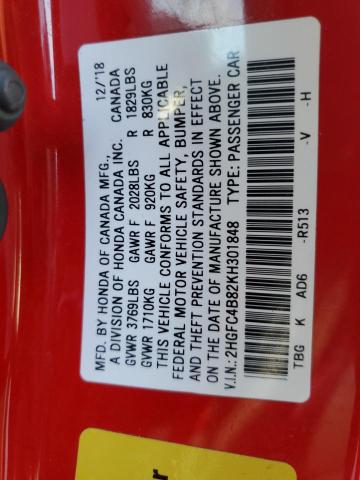 2HGFC4B82KH301848 - 2019 HONDA CIVIC SPORT RED photo 13
