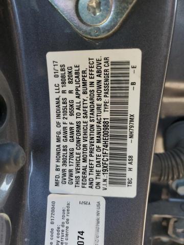 19XFC1F74HE009881 - 2017 HONDA CIVIC EXL GRAY photo 12