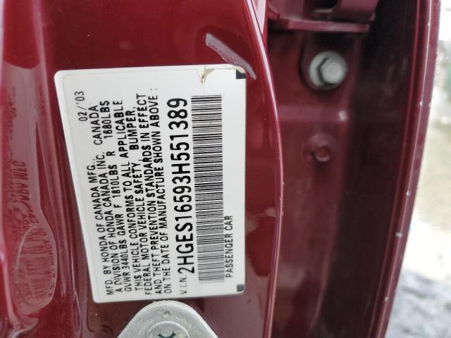 2HGES16593H551389 - 2003 HONDA CIVIC LX BURGUNDY photo 12