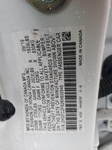 2HGFC2F82KH600948 - 2019 HONDA CIVIC SPORT WHITE photo 13