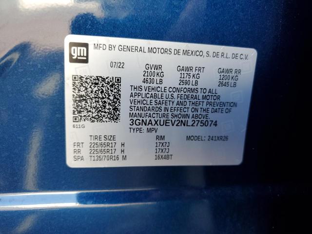 3GNAXUEV2NL275074 - 2022 CHEVROLET EQUINOX LT BLUE photo 13