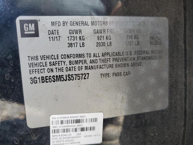 3G1BE6SM5JS575727 - 2018 CHEVROLET CRUZE LT შავი ფოტო 12