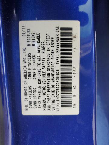 1HGCT2B92GA000535 - 2016 HONDA ACCORD EXL BLUE photo 12