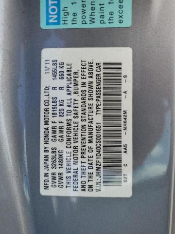 JHMZF1D40CS001651 - 2012 HONDA CR-Z ვერცხლისფერი ფოტო 12