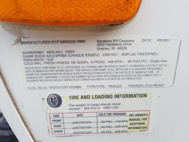 4YDT3112X71533968 - 2007 KEYSTONE SPRINTER WHITE photo 10