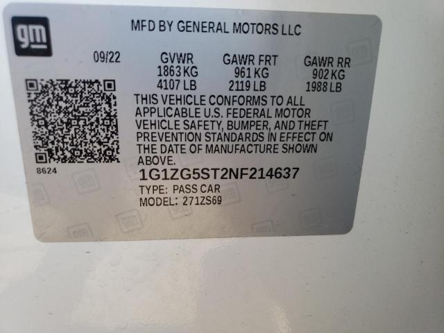 1G1ZG5ST2NF214637 - 2022 CHEVROLET MALIBU RS თეთრი ფოტო 12