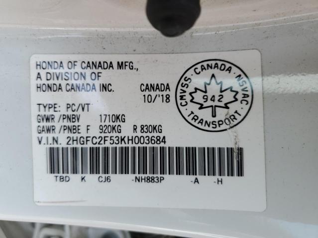 2HGFC2F53KH003684 - 2019 HONDA CIVIC LX WHITE photo 13