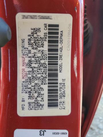 5YFBU4EE0DP132311 - 2013 TOYOTA COROLLA LE BASE RED photo 12