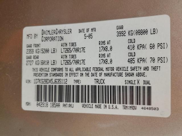 1D7KS28DX5J635112 - 2005 DODGE RAM 2500 ST GOLD photo 12