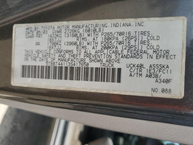 5TBBT44113S417650 - 2003 TOYOTA TUNDRA ACCESS CAB SR5 GRAY photo 12