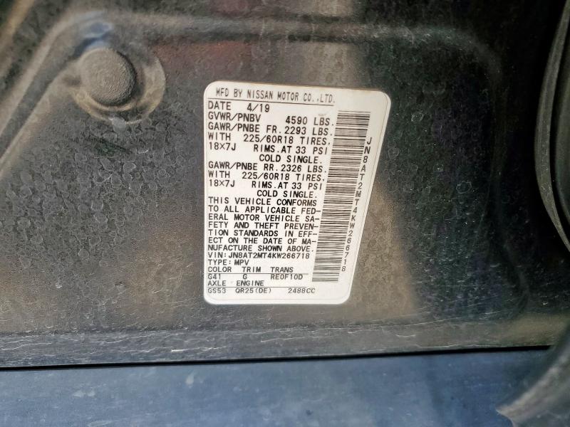 JN8AT2MT4KW266718 - 2019 NISSAN ROGUE S BLACK photo 12