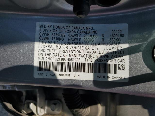 2HGFC2F89LH584992 - 2020 HONDA CIVIC SPORT SILVER photo 12