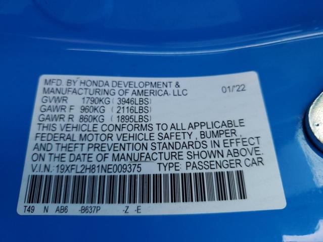 19XFL2H81NE009375 - 2022 HONDA CIVIC SPORT 蓝色 照片 12