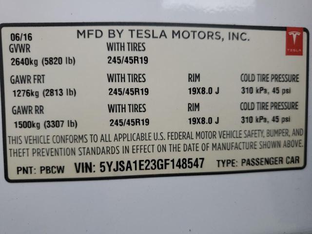 5YJSA1E23GF148547 - 2016 TESLA MODEL S Білий фото 13