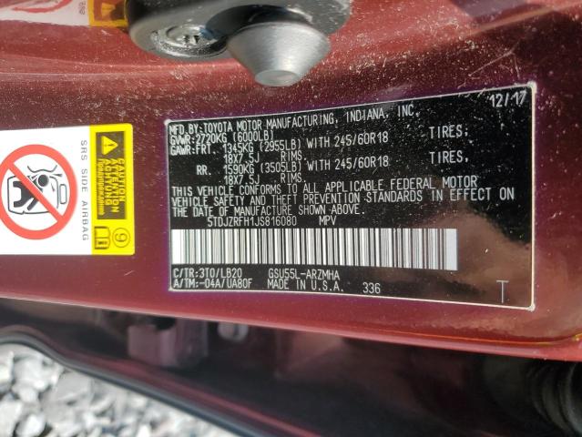 5TDJZRFH1JS816080 - 2018 TOYOTA HIGHLANDER SE Bordeaux photo 13