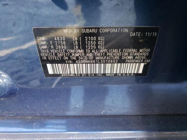 4S3BWAB61L3010652 - 2020 SUBARU LEGACY BLUE photo 10