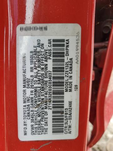 2T1KR32E03C034037 - 2003 TOYOTA COROLLA MA XR RED photo 12