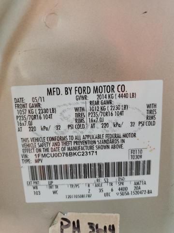 1FMCU0D76BKC23171 - 2011 FORD ESCAPE XLT Бежевий фото 12