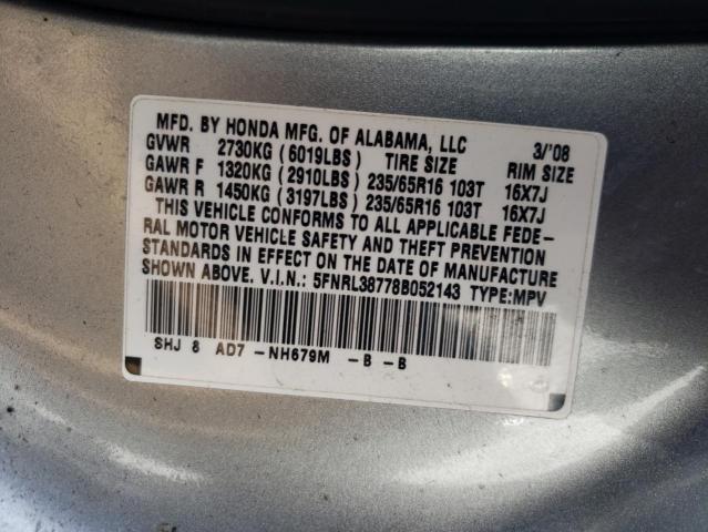 5FNRL38778B052143 - 2008 HONDA ODYSSEY EXL SILVER photo 13