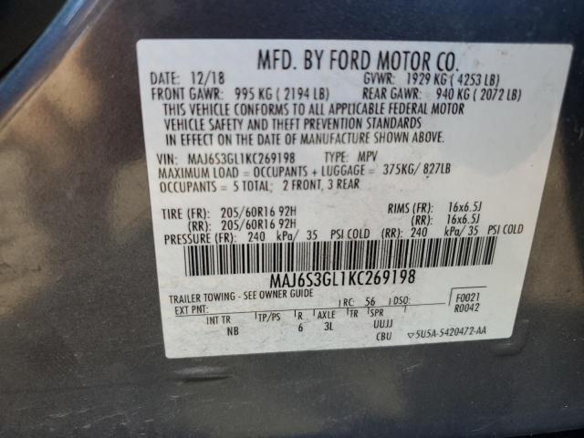 MAJ6S3GL1KC269198 - 2019 FORD ECOSPORT SE GRAY photo 13