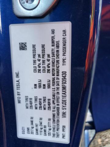 5YJ3E1EAXMF939430 - 2021 TESLA MODEL 3 蓝色 照片 13