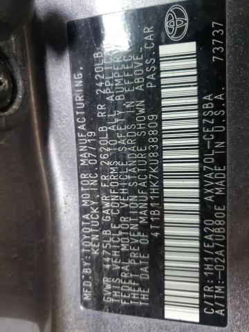 4T1B11HK7KU838809 - 2019 TOYOTA CAMRY L GRAY photo 12