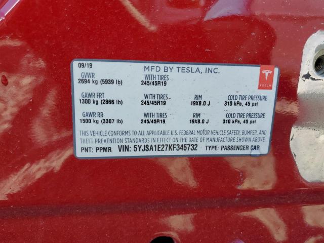 5YJSA1E27KF345732 - 2019 TESLA MODEL S Կարմիր լուսանկար 13