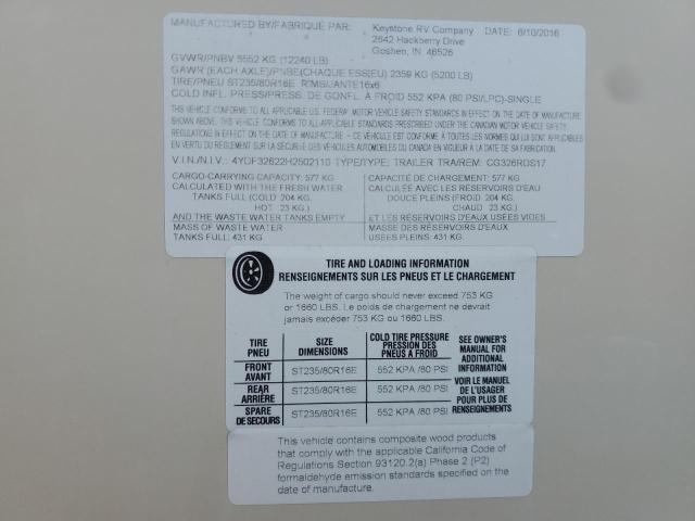 4YDF32622H2502110 - 2017 KEYSTONE COUGAR TAN photo 10