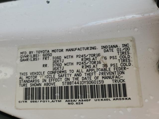 5TBBT4410YS060159 - 2000 TOYOTA TUNDRA ACCESS CAB თეთრი ფოტო 12