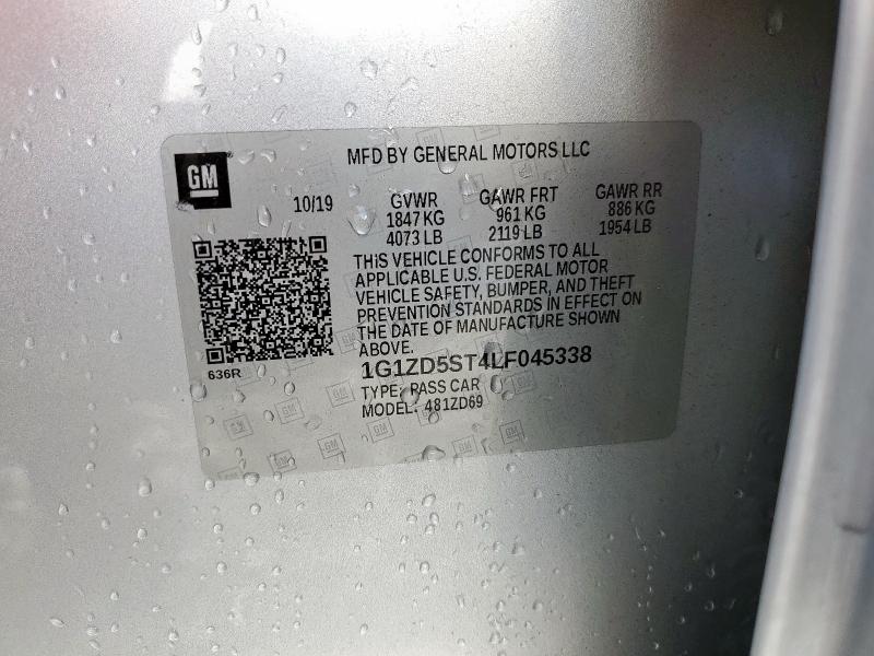 1G1ZD5ST4LF045338 - 2020 CHEVROLET MALIBU LT SILVER photo 12