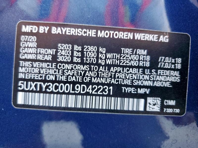 5UXTY3C00L9D42231 - 2020 BMW X3 SDRIVE30I BLUE photo 13