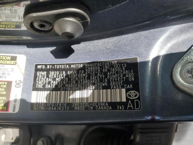 2T1BURHEXEC048006 - 2014 TOYOTA COROLLA L GRAY photo 12