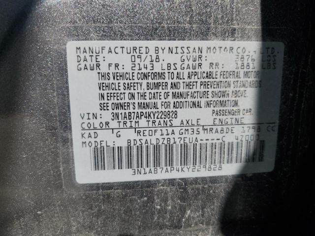 3N1AB7AP4KY229828 - 2019 NISSAN SENTRA S Сұр фото 12