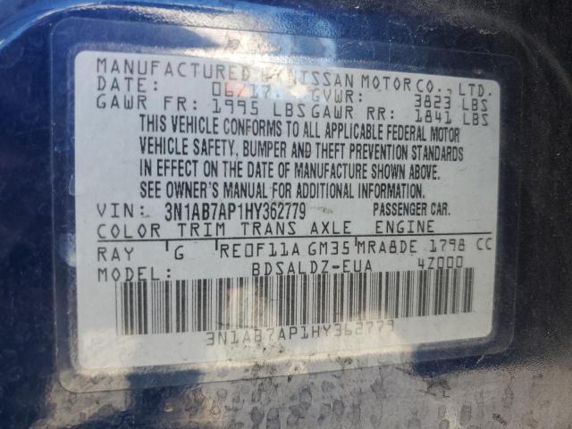 3N1AB7AP1HY362779 - 2017 NISSAN SENTRA S BLUE photo 13