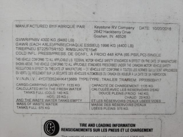 4YDT33524HK413889 - 2017 PASSPORT TRAVELTRLR Bej foto 10