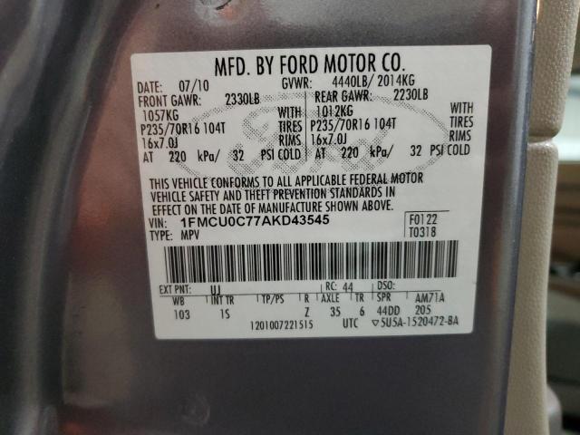 1FMCU0C77AKD43545 - 2010 FORD ESCAPE XLS GRAY photo 14