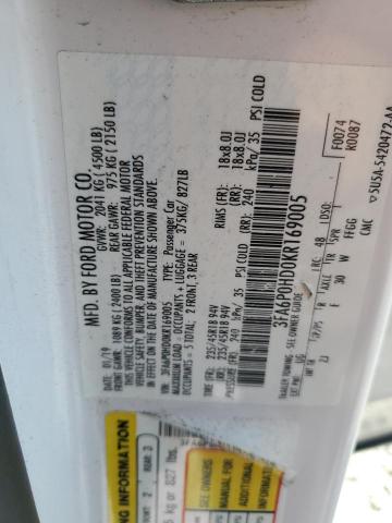 3FA6P0HD0KR169005 - 2019 FORD FUSION SE თეთრი ფოტო 12