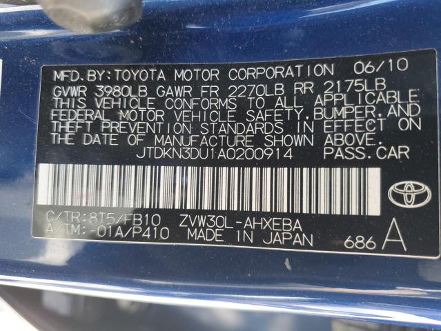 JTDKN3DU1A0200914 - 2010 TOYOTA PRIUS BLUE photo 13