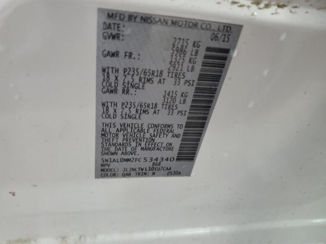 5N1AL0MM2FC534340 - 2015 INFINITI QX60 თეთრი ფოტო 13