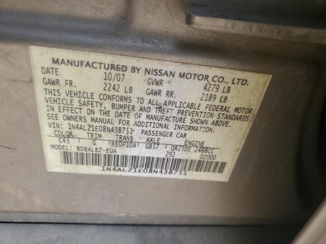 1N4AL21E08N438751 - 2008 NISSAN ALTIMA 2.5 BEIGE photo 12