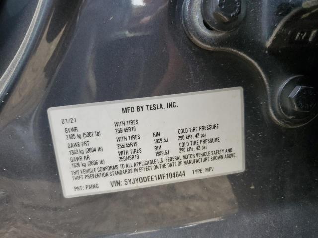 5YJYGDEE1MF104644 - 2021 TESLA MODEL Y GRAY photo 12