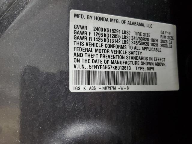 5FNYF8H57KB013610 - 2019 HONDA PASSPORT EXL Gris foto 13