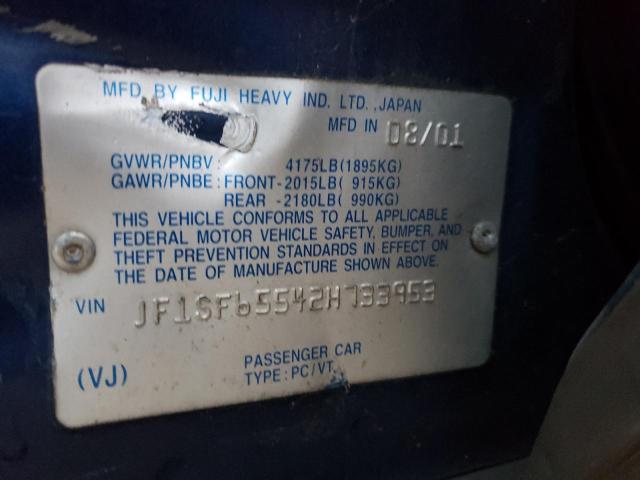 JF1SF65542H733953 - 2002 SUBARU FORESTER S ლურჯი ფოტო 10